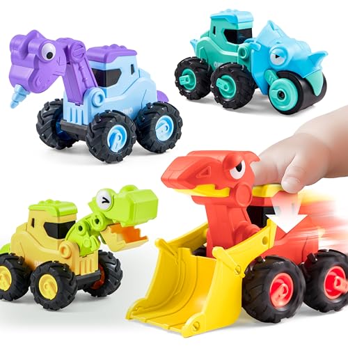 JOYIN 4 Stück Bagger Auto Spielzeug für 1 2 3 4 5 Jahren Kinder, Aufziehauto, Sandkasten Sandspielzeug（Traktor, Bulldozer, Kipper, Zementmische） Dinosaurier-Spielzeug, Baby Bagger Spielzeugautos von JOYIN