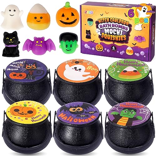 JOYIN 6 Stück Halloween Hexenkessel Badebombe mit Mochi Squishy Spielzeug, Seifenblasen Badebomben für Kinder mit Überraschungsspielzeug, Halloween Party Spielzeug Geschenk von JOYIN