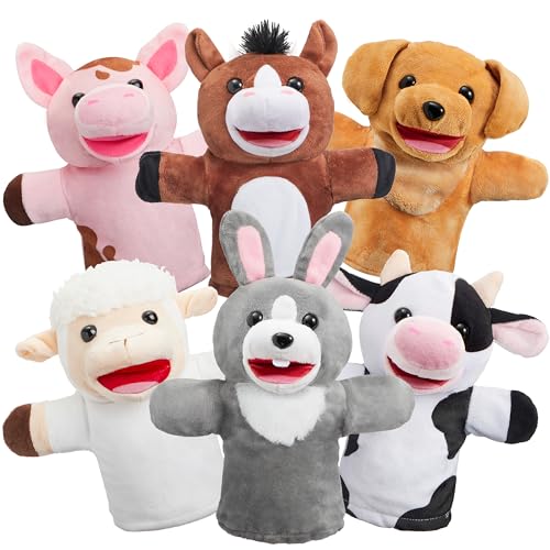 JOYIN 6 Stück Tier Handpuppen Spielzeug Set für Kinder,Freunde Im Tiergarten, Deluxe plüschtiere Kinderhandpuppen mit beweglichem offenem Mund für EIN fantasievolles Spiel von JOYIN