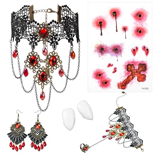 JOYIN 8 Pcs Gothic Vampir Kostüm Zubehör Set mit Vampirzähnen (Kleber enthalten), Ohrringe, Gothic Halskette, Armbänder und Tattoo Narbe für Zombie Vampir Verkleidung von JOYIN