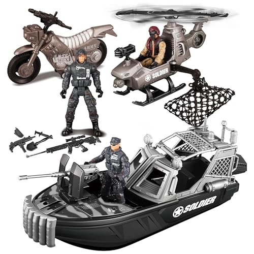 JOYIN 9-teiliges Militärfahrzeug-Spielzeugset und Kampfboot mit realistischem militärischen Kampfboot, Mini-Hubschrauber, Motorrad, Armeesoldaten, Actionfiguren und anderem Ausrüstungszubehör von JOYIN