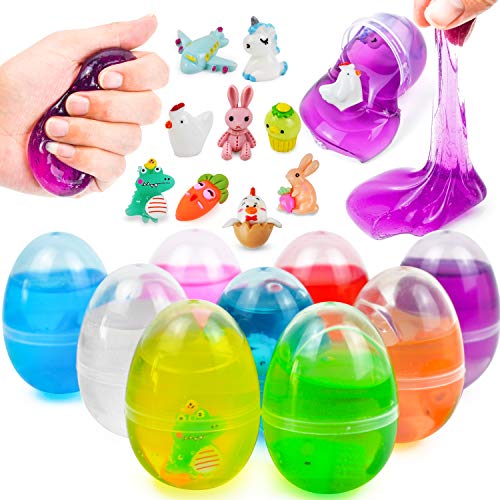 JOYIN 9 vorgefüllte Schleim Ostereier, Plastik Ostereier zum Befüllen mit Kristall Slime und niedlichen kleine Harzfiguren für die Ostereiersuche für Kinder, Osterkörbchenfüller, Kinder Osterparty von JOYIN