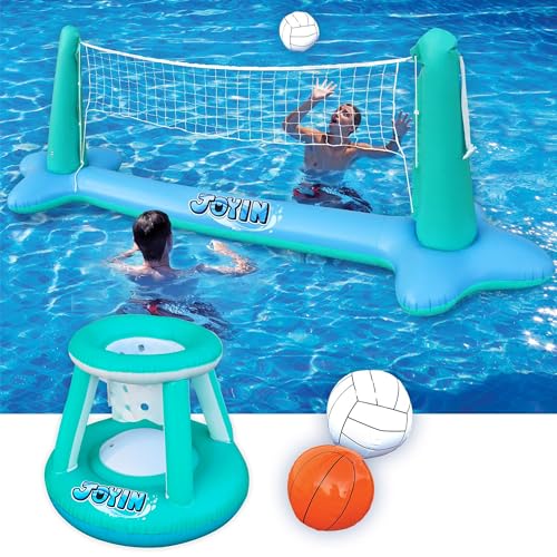 JOYIN Aufblasbare Pool Float Set, Volleyballnetz & Basketballkörbe & Bälle für Kinder Erwachsene, Wasserballspiel Poolspielzeug Volleyball Basketball Pool Spielzeug, Wassersport Sommerspielzeug，blau von JOYIN