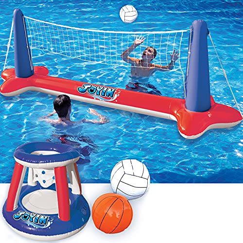 JOYIN Aufblasbare Pool Float Set, Volleyballnetz & Basketballkörbe & Bälle für Kinder und Erwachsene, Wasserballspiel Poolspielzeug Volleyball Basketball Pool Spielzeug, Wassersport Sommerspielzeug von JOYIN