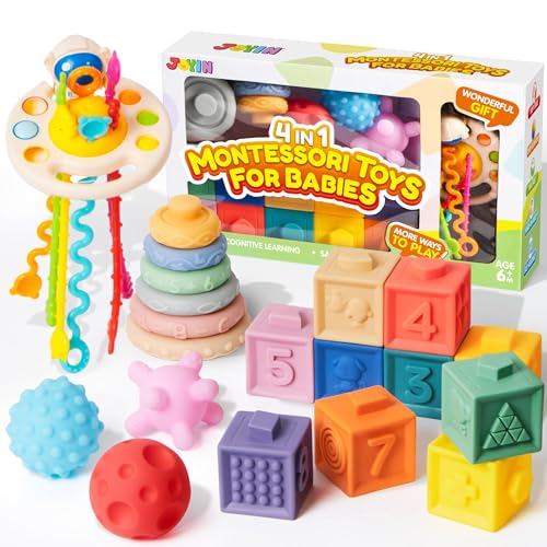 JOYIN 4 in 1 Montessori Baby Spielzeug ab 6-12 Monate,Stapelblöcke,Sensorische Schnur Ziehen Spielzeug,Babyspielzeug Stapelspiel,Sensorik Spielzeug Baby Geschenk 1 2 3 Jahre von JOYIN