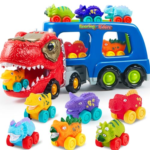 JOYIN Mini Dinosaurier LKW Spielzeug, mit 6 Fahrzeugen aus weichem Gummi, mit Musik und Sound, blinkenden Lichtern, Dino Spielzeugautos Geschenke für Jungen und Mädchen ab 2 3 4 Jahren(Blau) von JOYIN