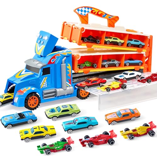 JOYIN Transporter Truck Spielzeugautos für Jungen ab 3 4 5 6-12 Leichtmetall Rennautos mit 2 Werfern, Tragbares Rennbahn Truck Spielzeugauto mit Lichtern und Sound, LKW Spielzeug Set für Kinder 3+ von JOYIN