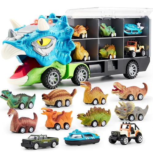 JOYIN13 Stück Triceratops Dinosaurier Spielzeug Autotransporter für Kinder,12 Zurückziehbaren Dinosaurier-Autofahrzeugen,1 Spielzeug-Dinosaurier-Transportwagen mit Musik,Sound,Lichtern,1 Hubschrauber von JOYIN