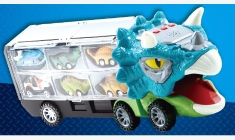 JOYIN13 Stück Triceratops Dinosaurier Spielzeug Autotransporter für Kinder,12 Zurückziehbaren Dinosaurier-Autofahrzeugen,1 Spielzeug-Dinosaurier-Transportwagen mit Musik,Sound,Lichtern,1 Hubschrauber von JOYIN