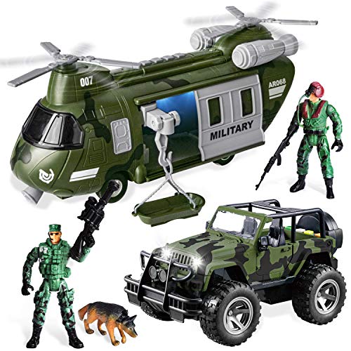 JOYIN Militärfahrzeuge Spielzeug Set aus reibungsbetriebenem Transporthubschrauber und Militär-LKW with Light and Sound Siren and Army Men Soldier Action Figures for Kids von JOYIN