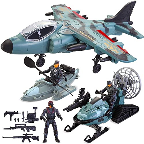 JOYIN Militär Spielzeug, Hubschrauber Spielzeug, Militärflugzeug-Spielzeug, Rollenspiel-Kampfjet mit Soldaten, Armeemänner-Actionfiguren,Kajakboot, Armeespielzeug für Jungen im Alter von 4–7 Jahren von JOYIN