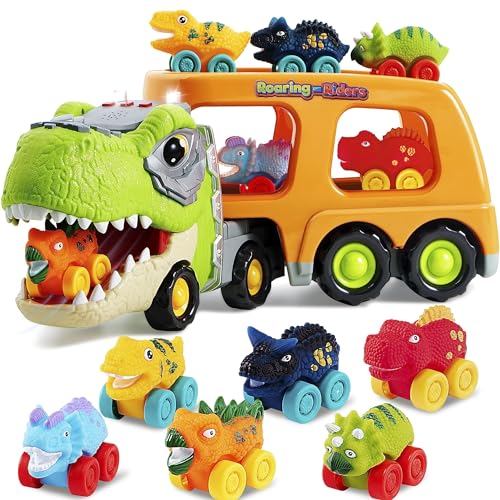 JOYIN Mini Dinosaurier LKW Spielzeug, mit 6 Fahrzeugen aus weichem Gummi, mit Musik und Sound, blinkenden Lichtern, Dino Spielzeugautos Geschenke für Jungen und Mädchen ab 3 Jahren (Orange) von JOYIN