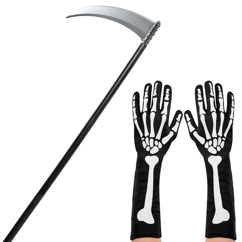 JOYIN Sensenmann Zubehör Set mit Sensenmann Sense und gruseligen Skeletthandschuhen Halloween Sichel Waffe Requisite Kostüm für Party, 109cm von JOYIN