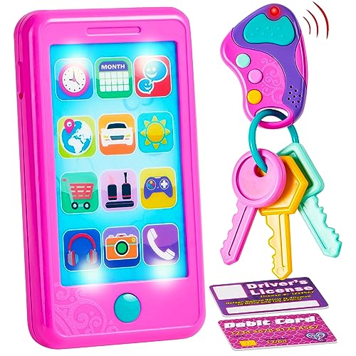 JOYIN Rosa vorgeben Spielen smart Phone keyfob Schlüssel Spielzeug und Kreditkarten Set Kinder Kleinkind Handy Spielzeug Kleinkind Geburtstag Geschenke Spielzeug für 1 2 3 4 5 Jahre alt von JOYIN