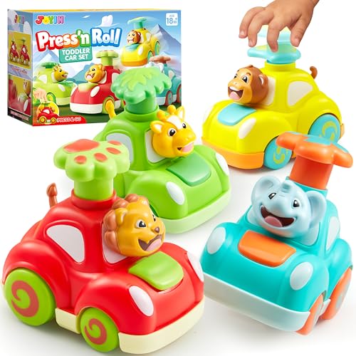 JOYIN Spielzeugautos ab 1 2 3 Jahre Jungen, Rückziehautos, Press & Go Tier-Babyauto Set (Elefant, AFFE, Giraffe, Löwe) Geschenke für 1 2 3 Jahre Jungen, Baby Spielzeug ab 18 Monaten von JOYIN