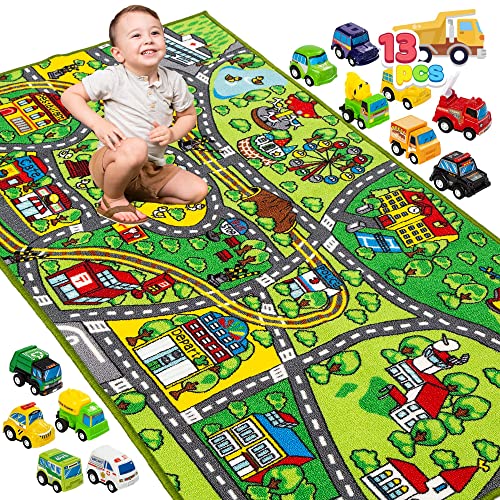 JOYIN Teppich Kinderzimmer 80x150cm mit 12 Mini Auto Spielzeug für Kinder ab 3 Jahren, Spielteppich Straße Kinderteppich, Autoteppich Junge Mädchen für Schlafzimmer & Spielzimme von JOYIN