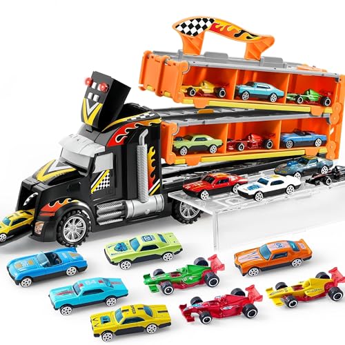 JOYIN Transporter Truck Spielzeugautos für Jungen ab 3 4 5 6-12 Leichtmetall Rennautos mit 2 Werfern, Tragbares Rennbahn Truck Spielzeugauto mit Lichtern und Sound, LKW Spielzeug Set für Kinder 3+ von JOYIN