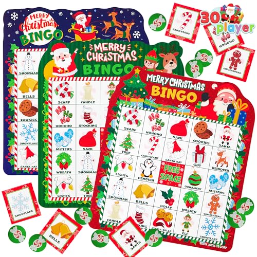 JOYIN Weihnachts-Bingo-Kartenspiel für 30 Spieler, 3 Farben, Bingo-Karten für Kinder für Aktivitäten in der Schule, Familie Klassenzimmer Winter-Bingo für Weihnachtspartys Partyspiele für Erwachsene von JOYIN