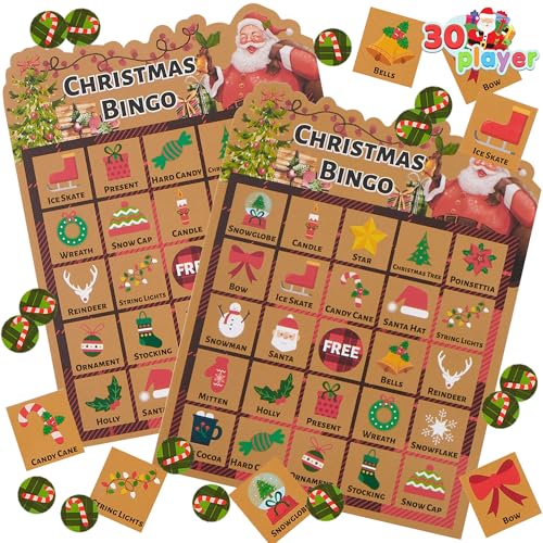 JOYIN Weihnachts-Bingospiel für Kinder mit 30 Spielern, Weihnachts-Winter-Bingokarten im Kraft-Design für Aktivitäten im Klassenzimmer, Familie und große Gruppen, Weihnachtsparty Zubehör von JOYIN