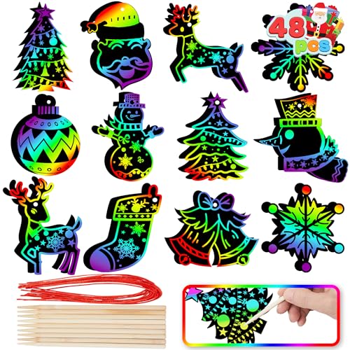 JOYIN Spooktacular Creations Regenbogen Farbe Kratzer Weihnachtsschmuck, 72 Stück Bastelset Kratzbilder Spielzeug für Kinder, Inklusive Schneemann, Schneeflocken, Weihnachtsbaum und Rentier von JOYIN