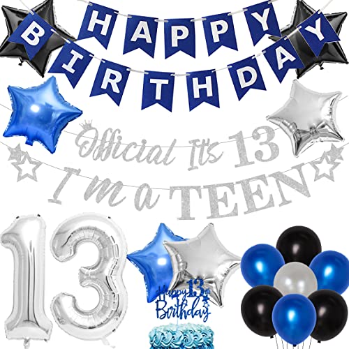 JOYMEMO 13. Geburtstagsfeier Dekoration für Jungen Blau und Silber Offizieller Teenager Geburtstagszubehör Alles Gute zum Geburtstag Banner Offizieller Teenager Garland Cake Topper von JOYMEMO