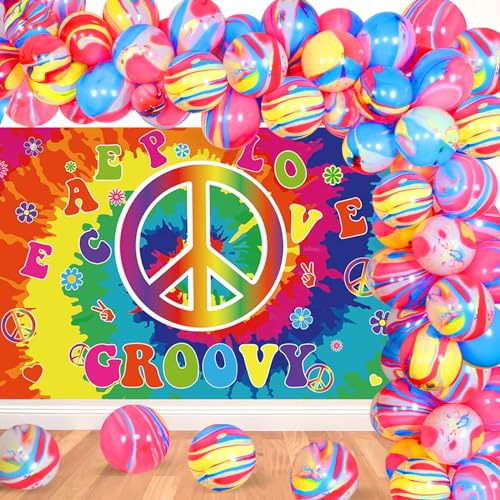 JOYMEMO 60er Jahre Hippie Thema Party Dekorationen, 1960er Jahre Groovy Foto Hintergrund, Tie Dye Luftballons Girlande Bogen Kit für Retro 60er Jahre, Woodstock Party Decor Hintergrund von JOYMEMO