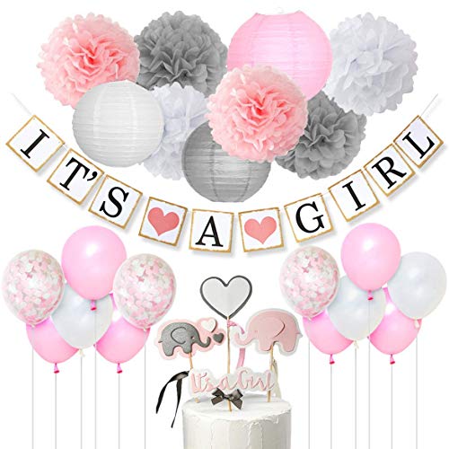 Babyparty-Dekorationen für Mädchen Rosa, Weiß und Grau Es ist ein Mädchenbanner, ein Elefantenkuchendeckel, Konfetti-Luftballons, Pompons aus Papier für Babypartyzubehör von JOYMEMO