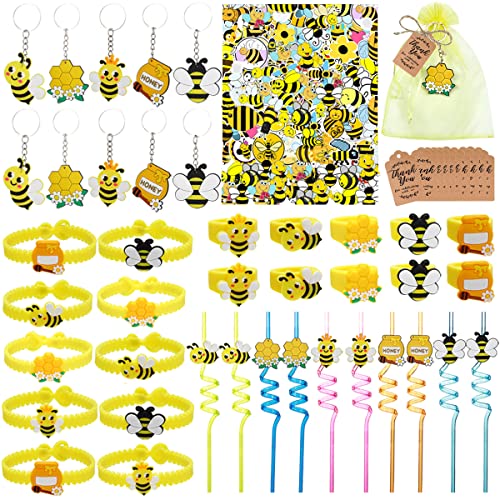 Bienen-Partygeschenke für Kinder, Honig-Geschenktüten mit Aufklebern, Trinkhalmen, Schlüsselanhänger, Ringe, Armbänder und Dankesanhänger, Bienen-Mottopartyzubehör von JOYMEMO