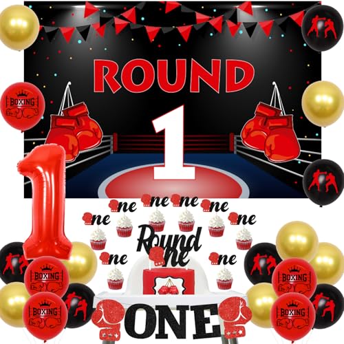 Boxen 1. Geburtstag Party Dekorationen, Runde 1 Backdrop - Runde ein Kuchen Topper & Hochstuhl Banner Champion Trophy Ballons für Boxen Match Sport Thema ein Jahr alt Geburtstag Party Supplies von JOYMEMO