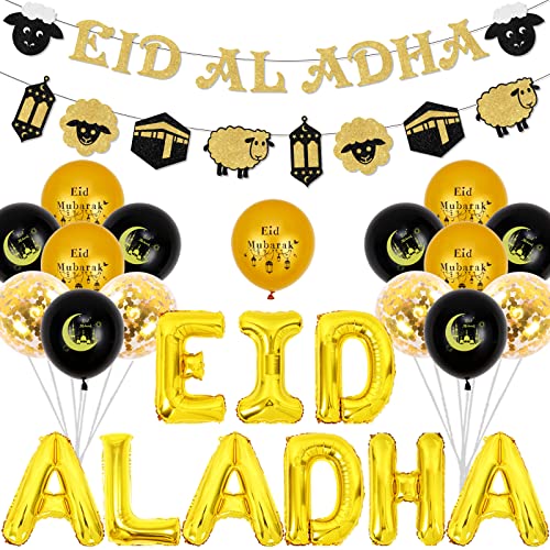 Eid Al Adha Dekorationen, Eid Al Adha Banner, Girlande und Luftballons, Ramadan Eid Mubarak Dekorationen Muslimische Islamische Partyzubehör für Hausgarten von JOYMEMO