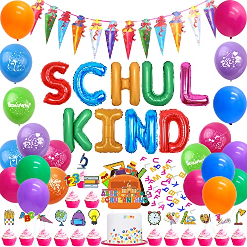 Einschulung Deko, Schuleinführung Deko Bunt SCHULKIND Luftballons, Zuckertüten Girlande, Kuchen Topper und Konfetti ABC Schulanfang Deko Set von JOYMEMO