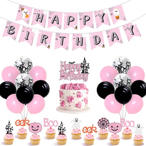 Halloween Geburtstag Party Dekorationen Rosa Schwarz Halloween Party Supplies Happy Birthday Banner Baby Geist Fledermaus Luftballons Halloween Glitzer Kuchen Topper Dekorationen Set von JOYMEMO