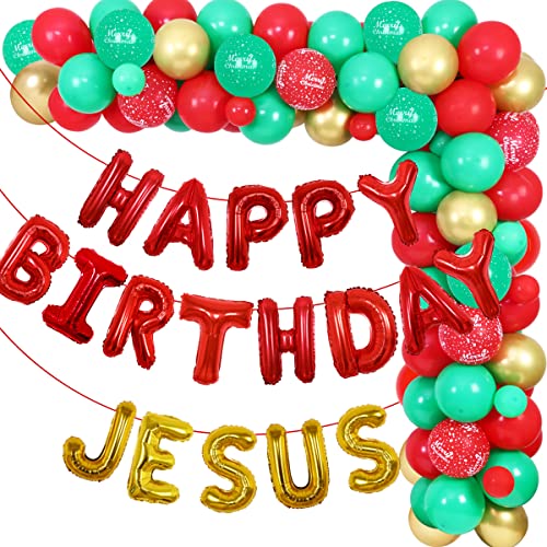 Happy Birthday Jesus Ballon-Girlande Bogen-Dekorationen – 75 grüne, rot-goldene Luftballons „Happy Birthday“, Jesus-Banner für Sie Weihnachten Winter Geburtstag Party Dekorationen von JOYMEMO