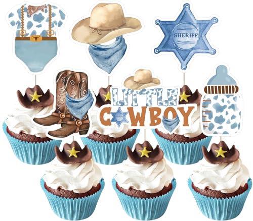 JOYMEMO 24 Pcs Little Cowboy Baby Dusche Cupcake Toppers - Blau Braun Western Cowboy Baby Dusche Dekorationen, doppelseitige Wild West Kuchen Dekor für Schwangerschaft Feier Neugeborenen Party von JOYMEMO