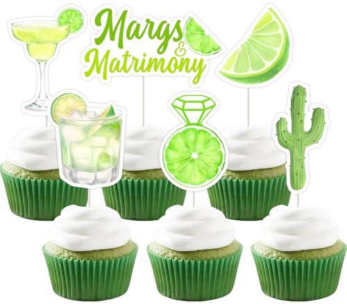 JOYMEMO 24 Pcs Margs & Matrimony Bachelorette Cupcake Toppers - Grüne Margarita Braut Dusche Dekorationen, Margaritas und Ehe Braut Dusche Kuchen Dekor für mexikanische Fiesta Hochzeit Party von JOYMEMO