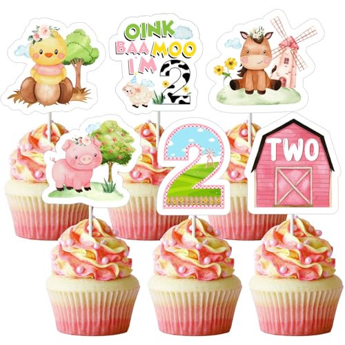 JOYMEMO 24 Stück Bauernhof Tiere 2. Geburtstag Cupcake Toppers rosa - Bauernhof 2. Geburtstag Party Dekorationen Mädchen, doppelseitige Oink Baa Moo I'M 2 Tischdekoration für Bauernhof Scheune zweiten von JOYMEMO