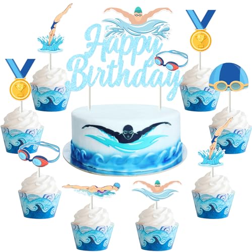 JOYMEMO 25 Stück Swim Party Cake Decorations – Swimming Happy Birthday Cake Topper mit Cupcake Toppers Doppelseitig bedruckt für Swim Pool Theme Geburtstag Party Supplies von JOYMEMO