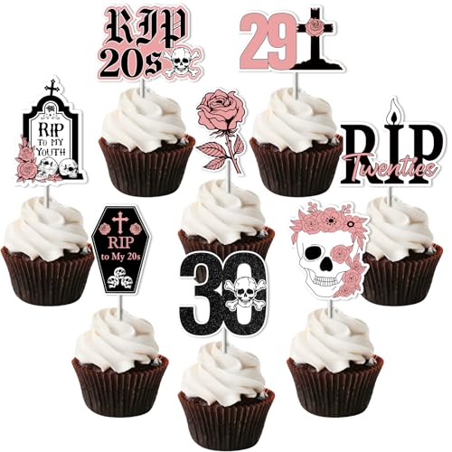 JOYMEMO Cupcake-Topper "Rip to My 20s", 32 Stück, Roségold und Schwarz, Dekoration zum 30. Geburtstag für Frauen, doppelseitige Papier-Tortendekorationen, Beerdigungs-Motto-Party zum 30. Geburtstag von JOYMEMO