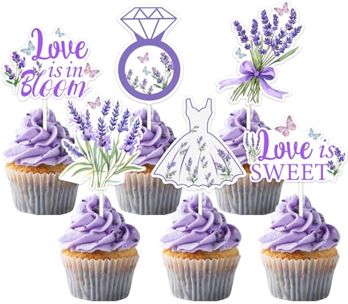 JOYMEMO 36 Pcs Lavendel Braut Dusche Cupcake Toppers, lila Blume Bachelorette Party Dekorationen Cupcake Picks, lila Blumen Ring Kleid Schmetterling liefert Frauen von JOYMEMO