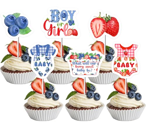 JOYMEMO 36Pcs Erdbeere und Blaubeere Geschlecht Reveal Cupcake Toppers, Was wird unsere Berry Sweet Baby Cupcake Picks Junge oder Mädchen Geschlecht Reveal Dekoration, Obst Baby Dusche Beere er oder s von JOYMEMO