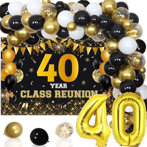 JOYMEMO 40 Jahre Klasse Reunion Dekorationen - Schwarz und Gold Ballon Girlande Bogen Kit mit 40 Jahre Klasse Wiedervereinigung Hintergrund Fotografie Hintergrund für Klasse 1984 High School Reunion von JOYMEMO