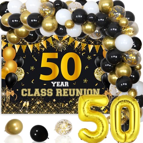 JOYMEMO 50 Jahre Klasse Reunion Dekorationen - Schwarz und Gold Ballon Girlande Bogen Kit mit 50 Jahre Klasse Wiedervereinigung Hintergrund Fotografie Hintergrund für Klasse 1974 High School Reunion von JOYMEMO