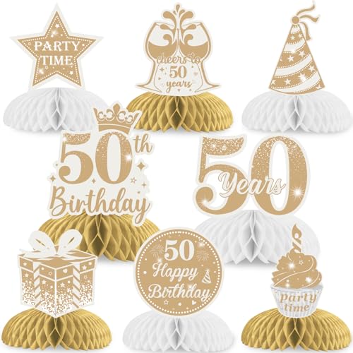 JOYMEMO 8 Stück Boho 50. Geburtstag Wabenaufsätze – Weiß und Gold 50. Geburtstag Dekorationen für Frauen Männer Weiß Beige 50 Geburtstag Tischaufsätze Partyzubehör von JOYMEMO