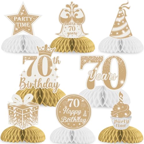 JOYMEMO 8 Stück Boho 70. Geburtstag Wabenaufsätze – Weiß und Gold 70. Geburtstag Dekorationen für Damen und Herren, Weiß Beige 70. Geburtstag Tischaufsätze Partyzubehör von JOYMEMO