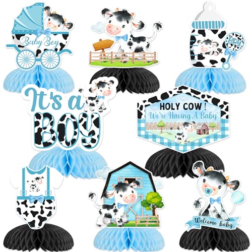 JOYMEMO 8 Stück Cow Baby Shower Honeycomb Centerpieces Blue Black - Holy Cow We're Having A Baby Shower Decorations Boys, Cow Theme Its a Boy Baby Shower Table Toppers for Pregnancy Newborn Party von JOYMEMO