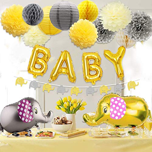 Baby-Dusche Dekorationen neutral für Jungen oder Mädchen, Baby-Dusche gelb und grau Elefant Thema Papier Pom Poms und Laternen, Elefant Walking Ballon und Girlande von JOYMEMO