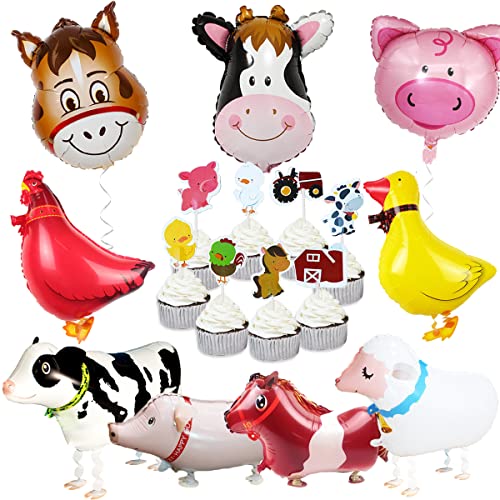 JOYMEMO Bauernhof Tiere Geburtstag Party Decoration Scheunenhof Stehender Tierballon Bauernhof Tiere Folienballons Cupcake Toppers Deko für Kinder und Jugend(Entenhuhn Kuh Schaf Schwein Esel) von JOYMEMO