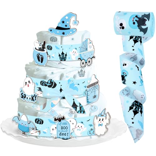 JOYMEMO Blau Halloween Windel Kuchen Dekorationen für Boy Baby Shower Party, Halloween Ghost Patterned Ribbon 5 Yard, ein kleiner Boo ist fast fällig und Spooky Card Halloween Gender Reveal Party von JOYMEMO