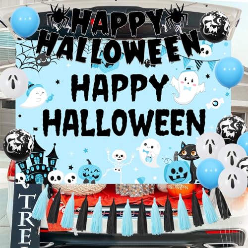 JOYMEMO Blau Schwarz Halloween Kofferraum oder Leckerli Auto Dekorationen - Happy Halloween Hintergrund mit Banner, Fledermaus-Geisterballons, Papierquasten für Torbogen, Garagentor, Spukhaus, Auto, von JOYMEMO