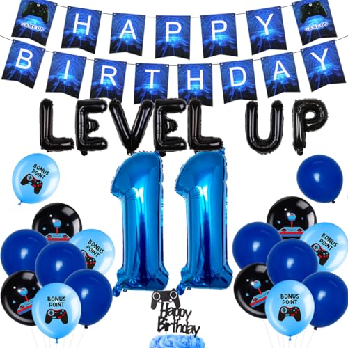 JOYMEMO Blau Videospiel 11 Geburtstag Dekorationen für Jungen - Level Up Party Supplies Happy Birthday Gaming Banner, Cake Topper, Spiel Bonus Druck Ballons für Videospiel Themenparty von JOYMEMO